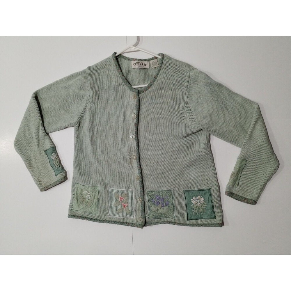 Orvis Floral PeaGreen Chunky Knit Grandma Patchwork Cardigan Sweater Womens SZ L
